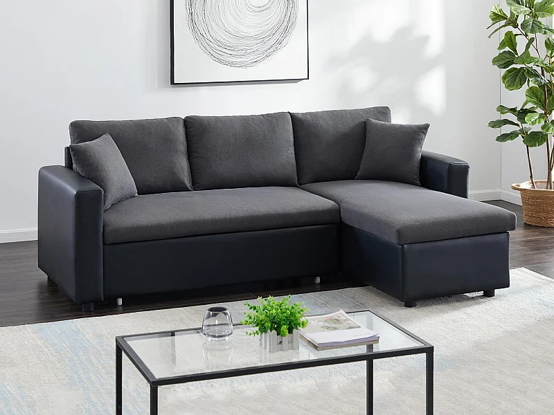 Kanapa narożna rozkładana GAZUR, dwustronna, z tkaniny i ekoskóry – kolor antracytowy i czarny