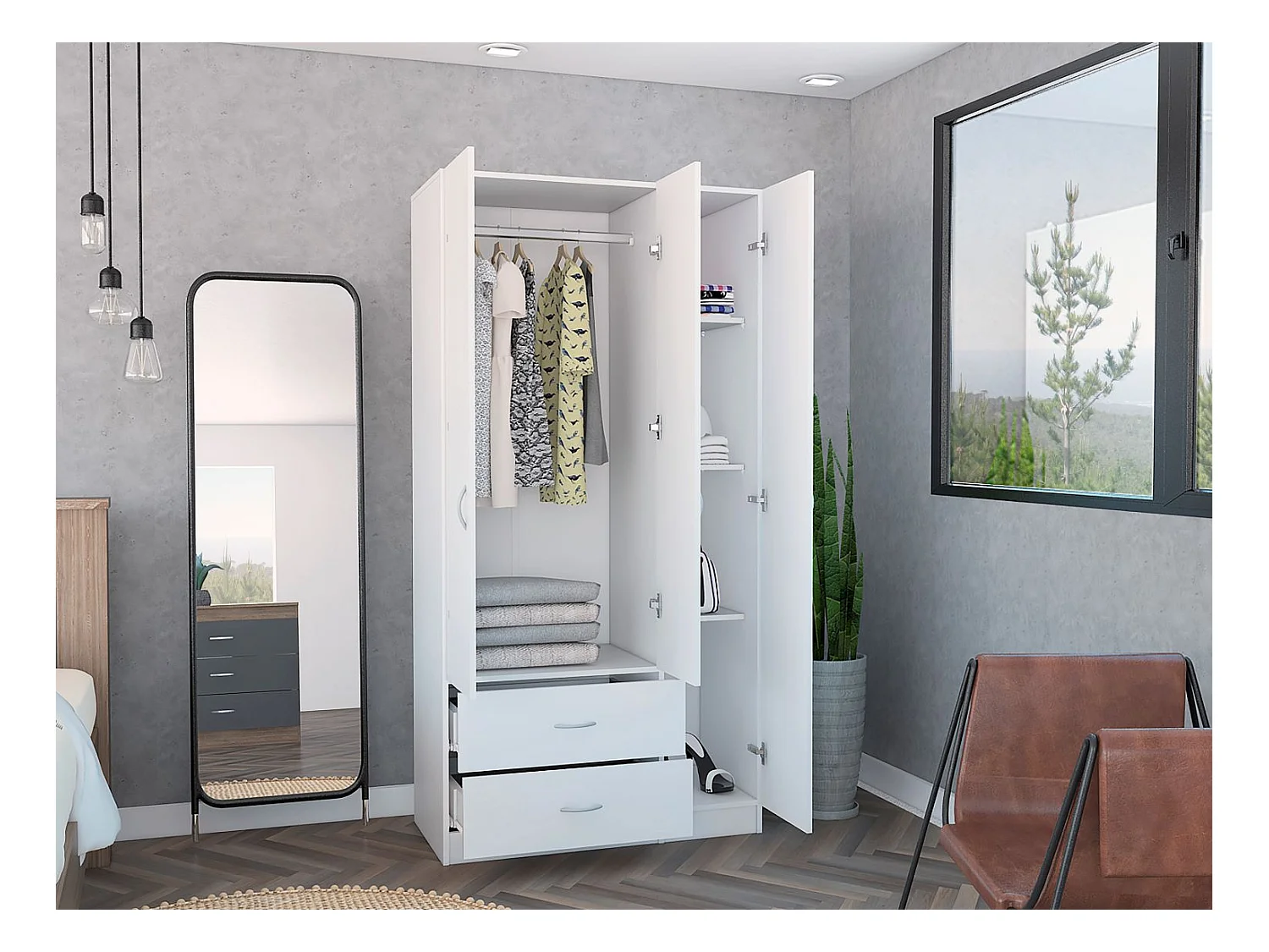 Armadio a 3 ante Austral, con due cassetti 90CM L X 180CM L X 47CM P Bianco