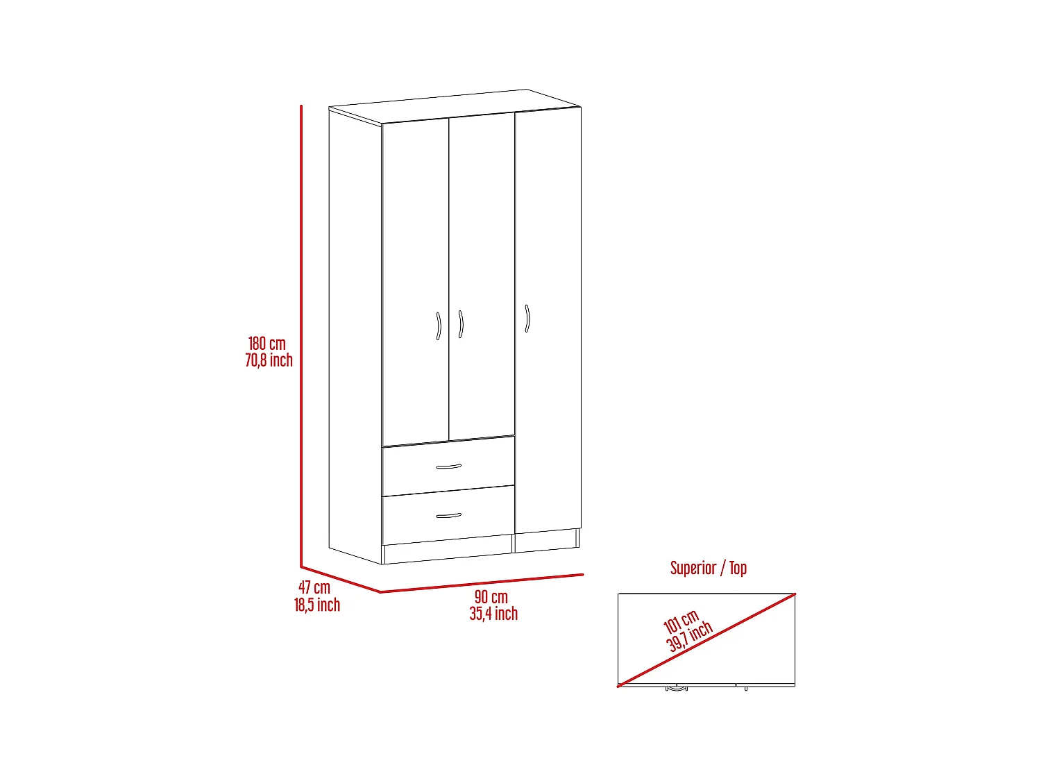 Armadio a 3 ante Austral, con due cassetti 90CM L X 180CM L X 47CM P Bianco