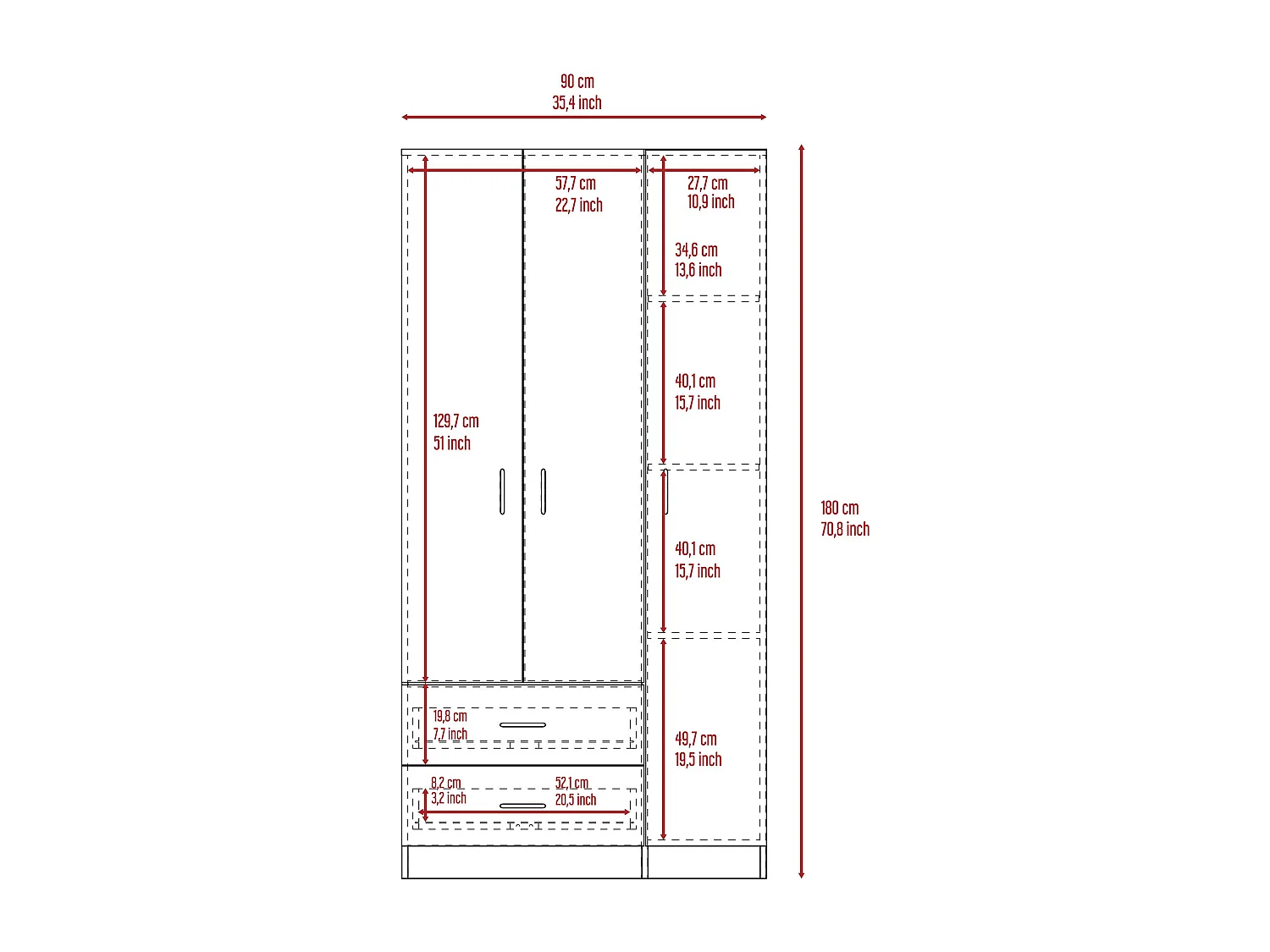Armoire austral 3-noor 90cm L x 180 cm à x 47 cm p blanc