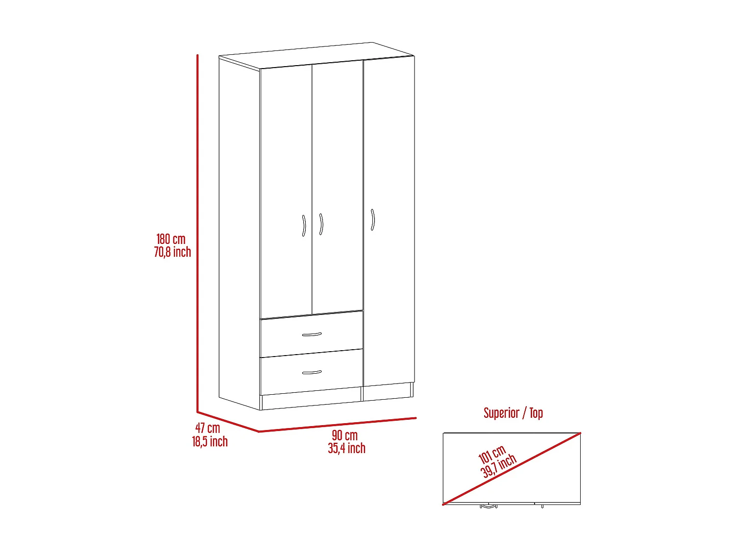Armoire austral 3-noor 90cm L x 180 cm à x 47 cm p blanc