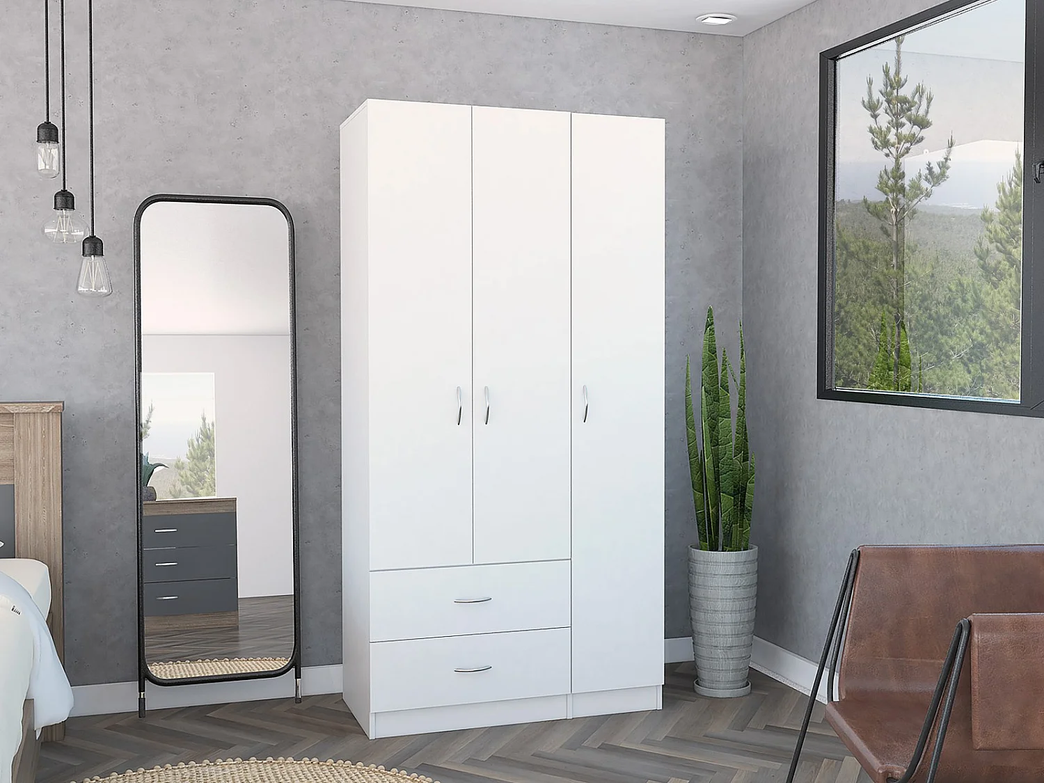 Armario ropero Austral de 90 cm con 3 puertas y 2 cajones, blanco