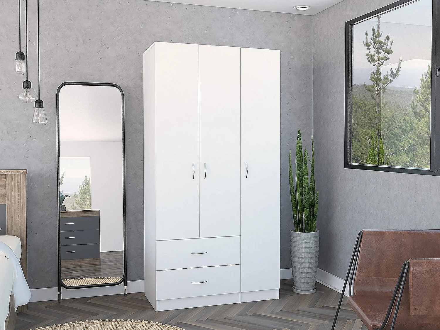 Armario ropero Austral de 90 cm con 3 puertas y 2 cajones, blanco