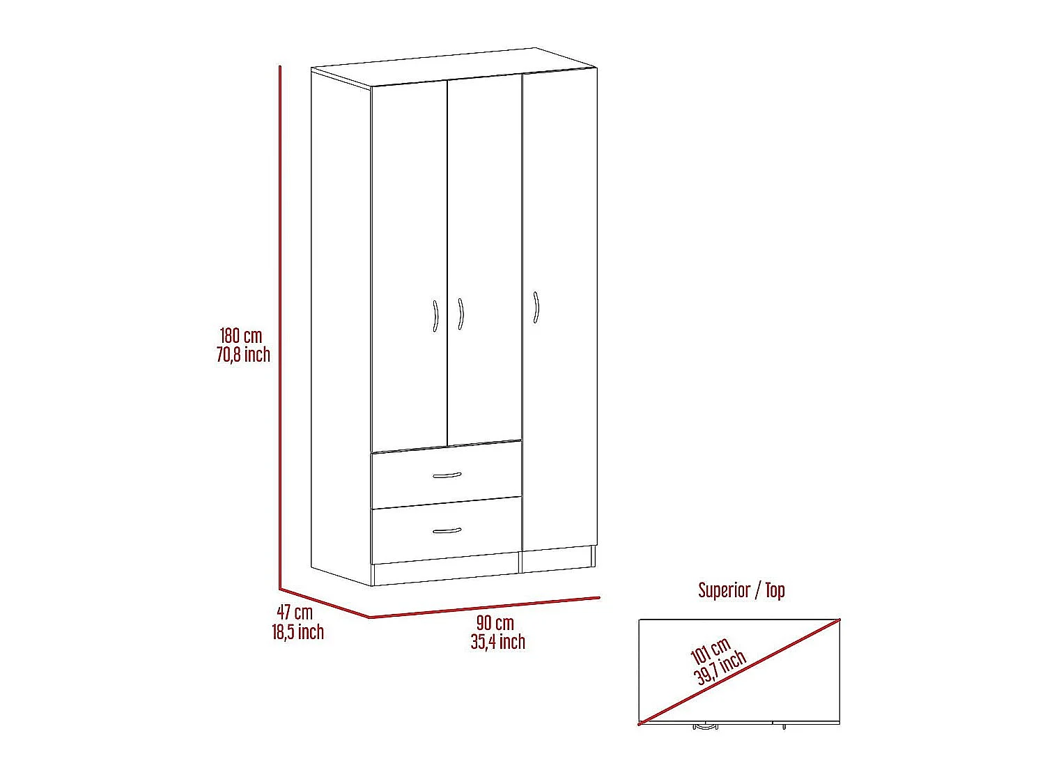Armario ropero Austral de 90 cm con 3 puertas y 2 cajones, blanco