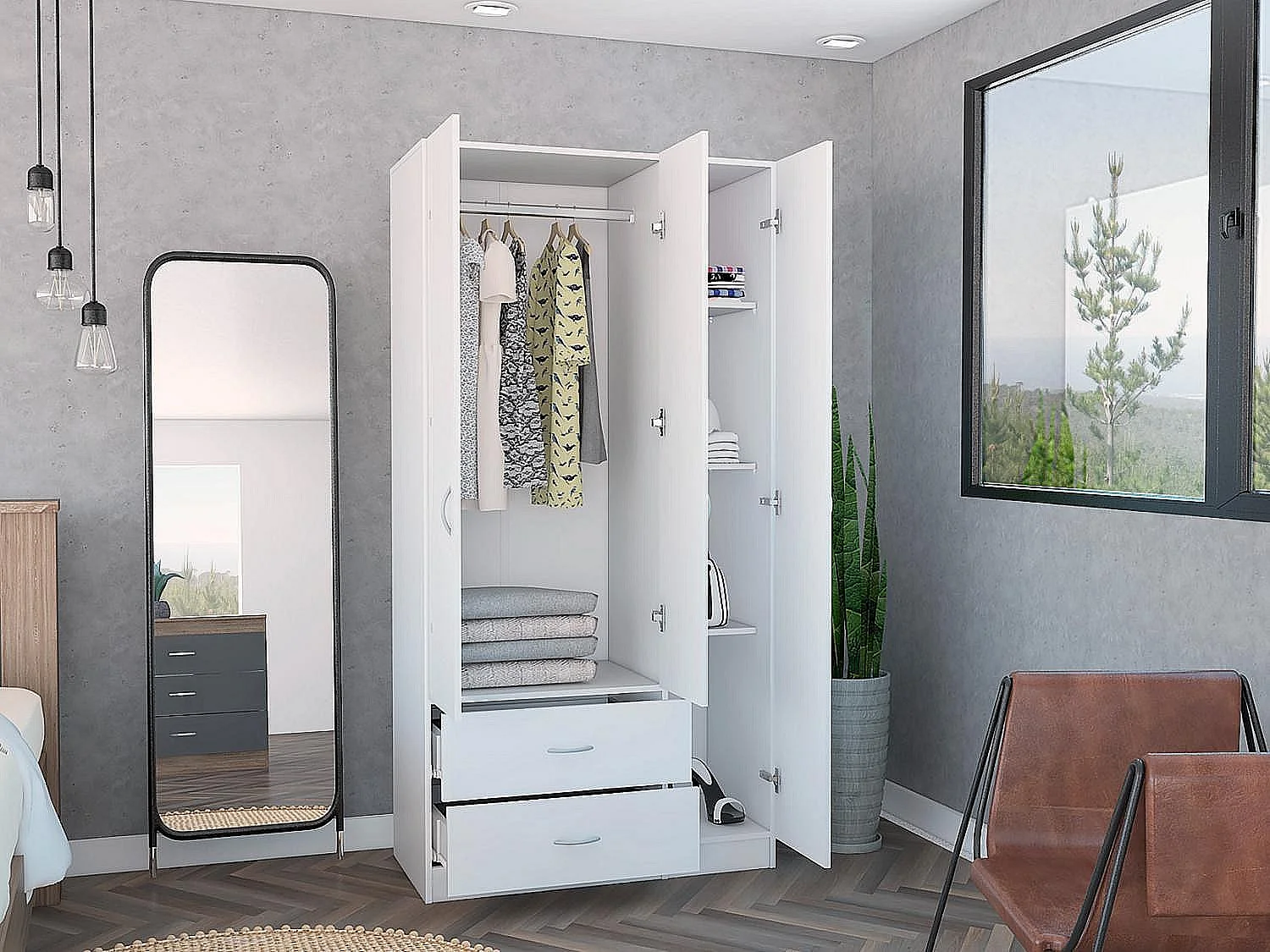 Armario ropero Austral de 90 cm con 3 puertas y 2 cajones, blanco