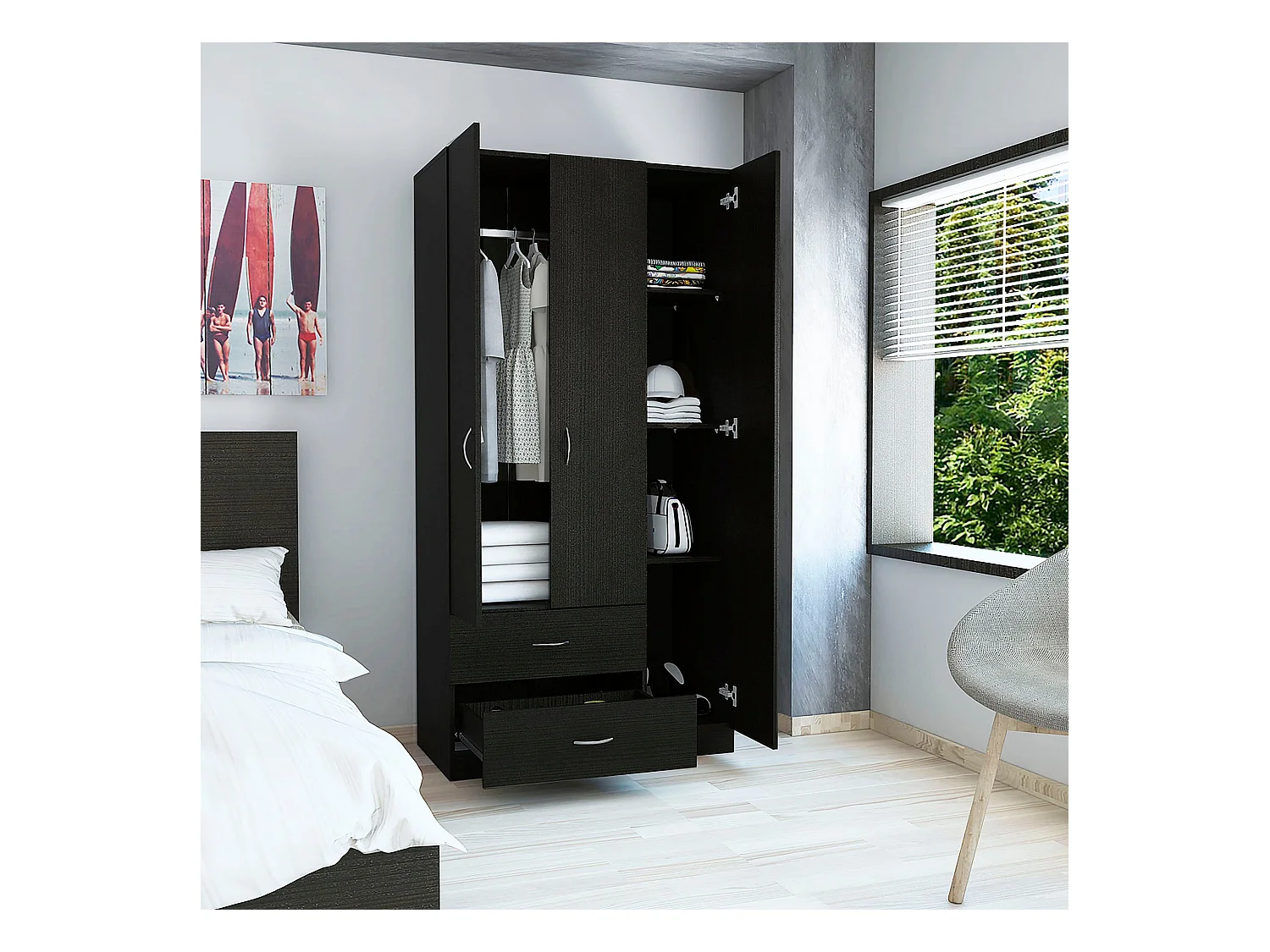 Armadio a 3 ante Austral, con due cassetti 90CM L X 180CM P X 47CM P Nero