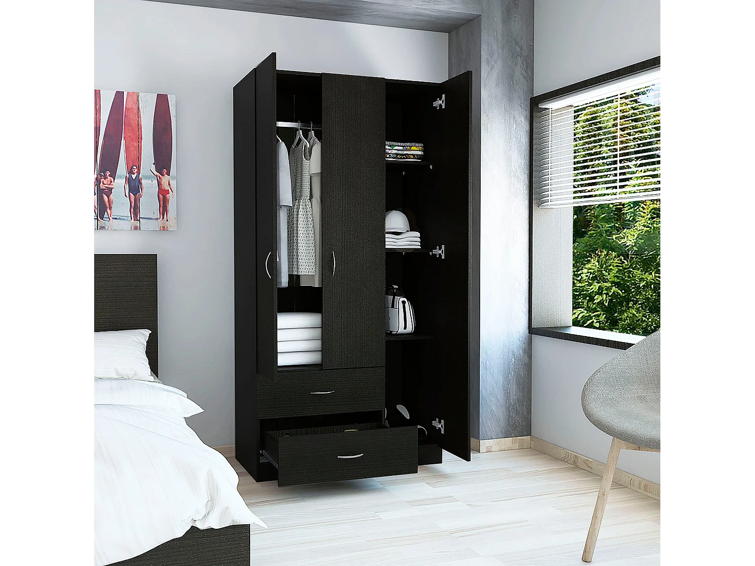 Armario Austral De 3 Puertas, con dos cajones 90CM L X  180CM A X 47CM P Wengue