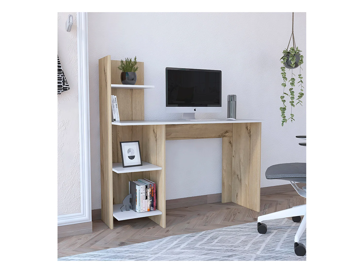 Table de Bureau Vilna 120 en mélamine avec trois étagères , Duna / Blanc 120.6 X 120 X 45 cm