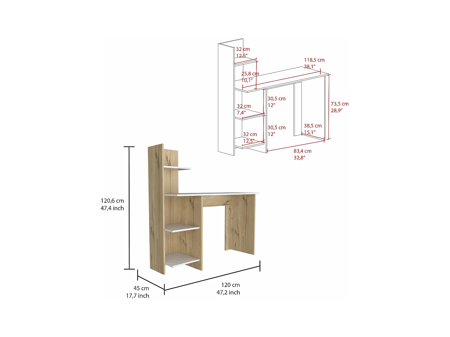 Table de Bureau Vilna 120 en mélamine avec trois étagères , Duna / Blanc 120.6 X 120 X 45 cm