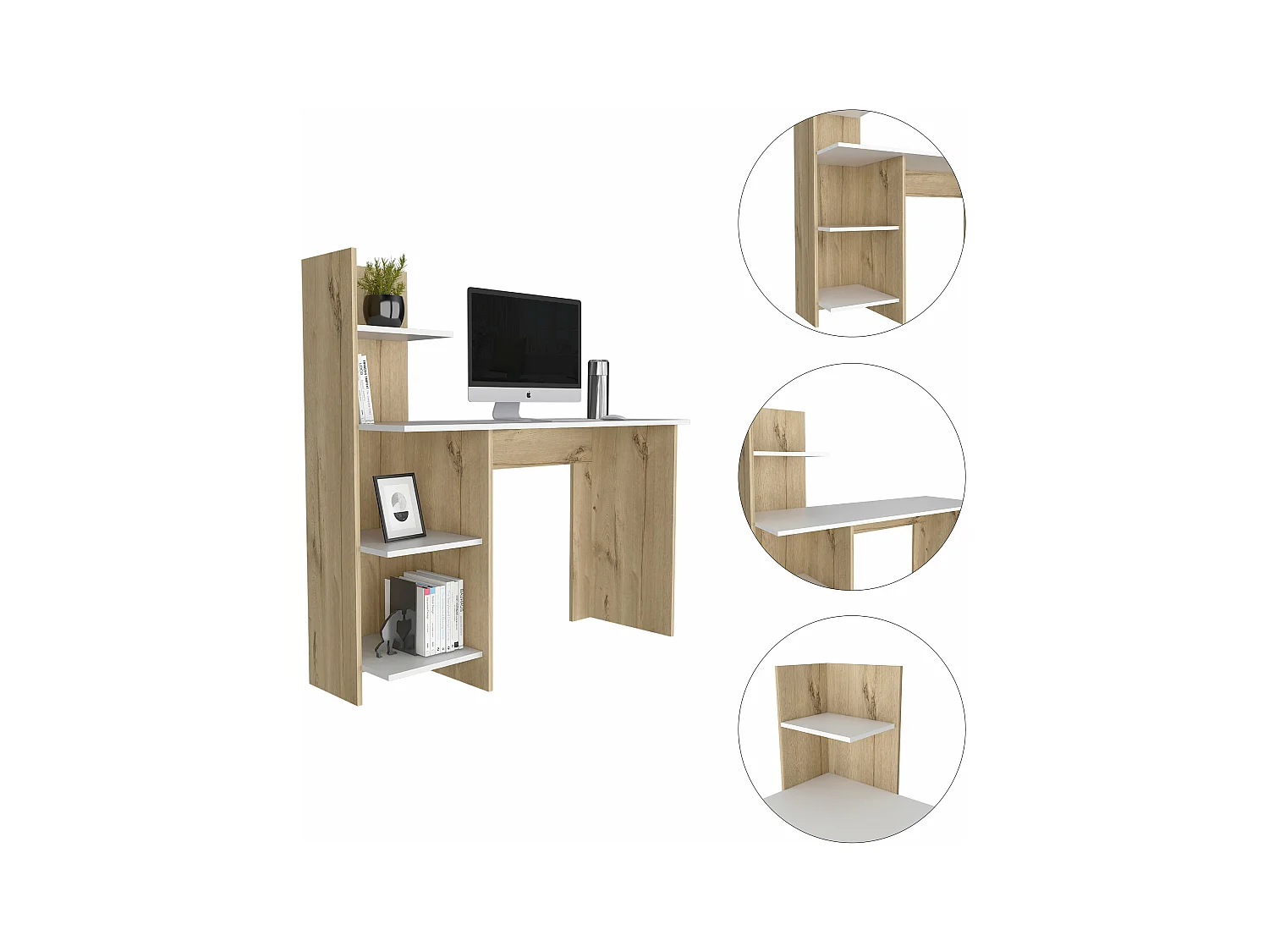 Table de Bureau Vilna 120 en mélamine avec trois étagères , Duna / Blanc 120.6 X 120 X 45 cm