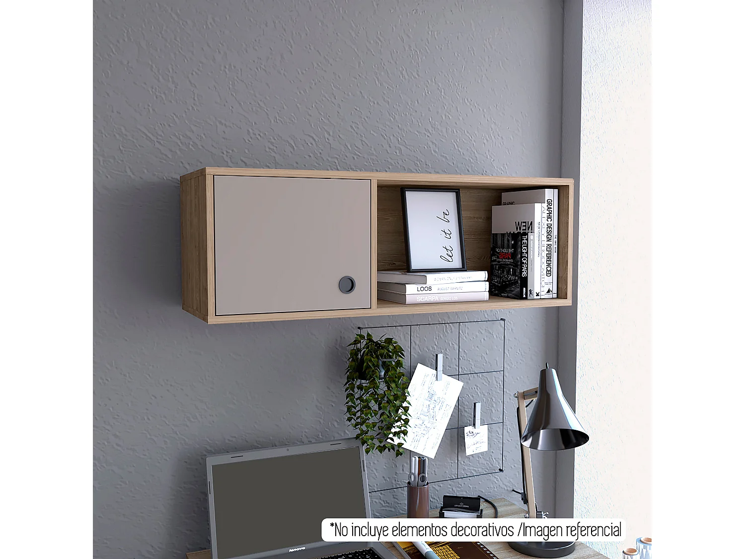 Module supérieur khali avec placard et Bureau Informatique, 34,2 cm à x 100 cm le x 32 cm P, miel / taupe