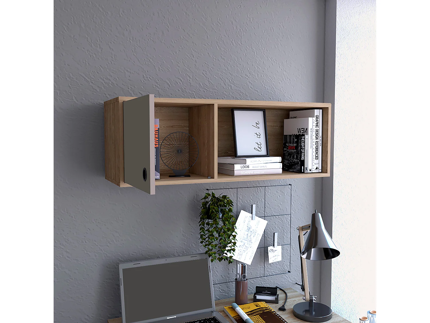 Module supérieur khali avec placard et Bureau Informatique, 34,2 cm à x 100 cm le x 32 cm P, miel / taupe