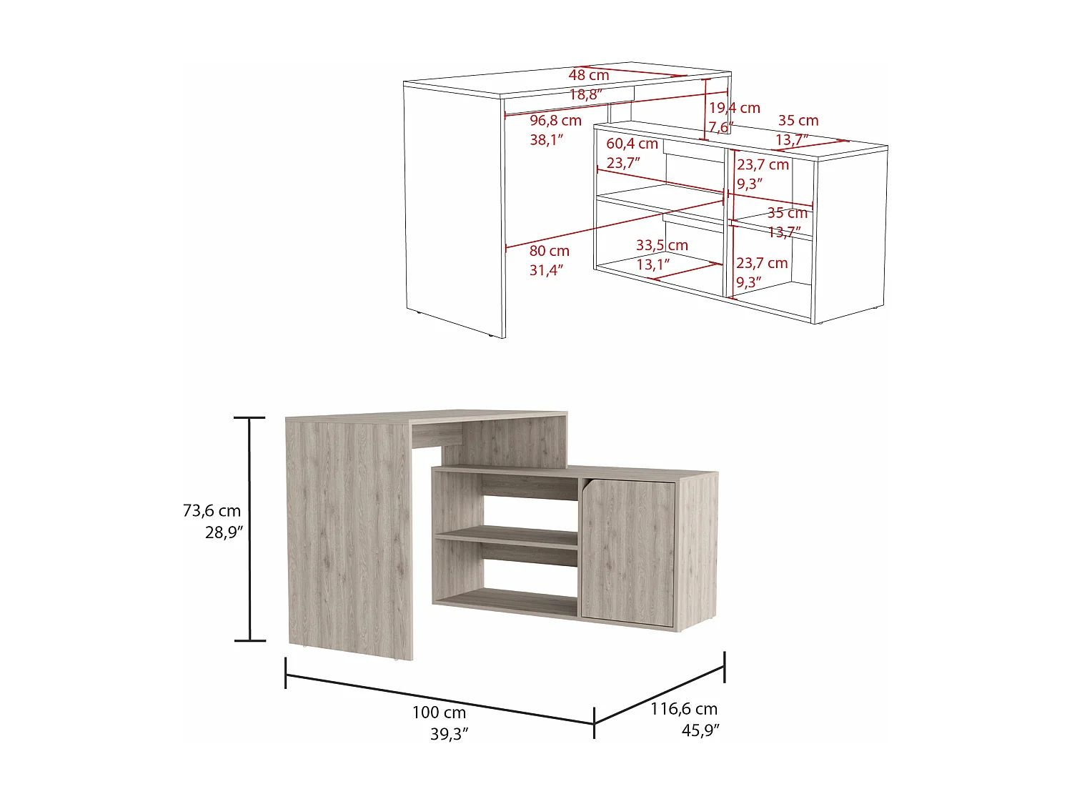 Bureau Informatique Rennes Desk sous la forme de L, avec deux étagères extérieures, 73,6 cm à x 116,6 cm par x 100 cm P, gris