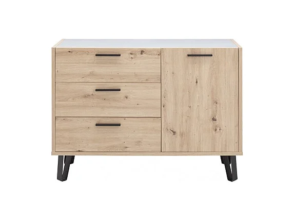 Commode 1 porte et 3 tiroirs décor chêne clair et gris laqué - MILOS