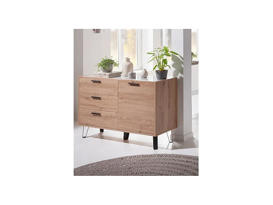 Commode 1 porte et 3 tiroirs décor chêne clair et gris laqué - MILOS