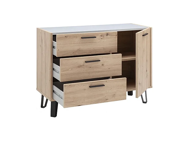 Commode 1 porte et 3 tiroirs décor chêne clair et gris laqué - MILOS