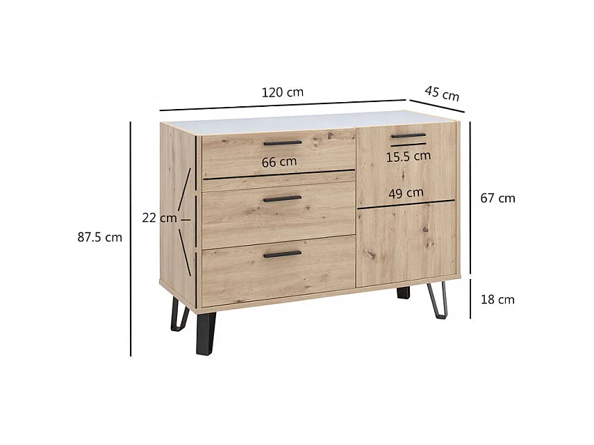 Commode 1 porte et 3 tiroirs décor chêne clair et gris laqué - MILOS