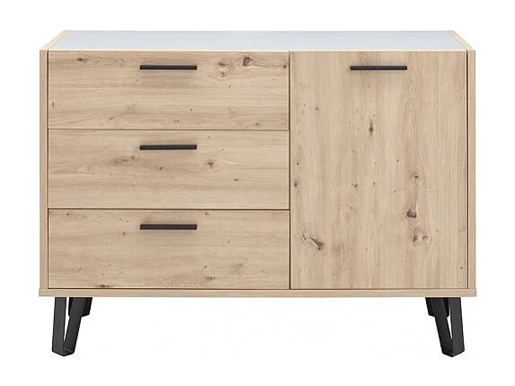 Commode 1 porte et 3 tiroirs décor chêne clair et gris laqué - MILOS