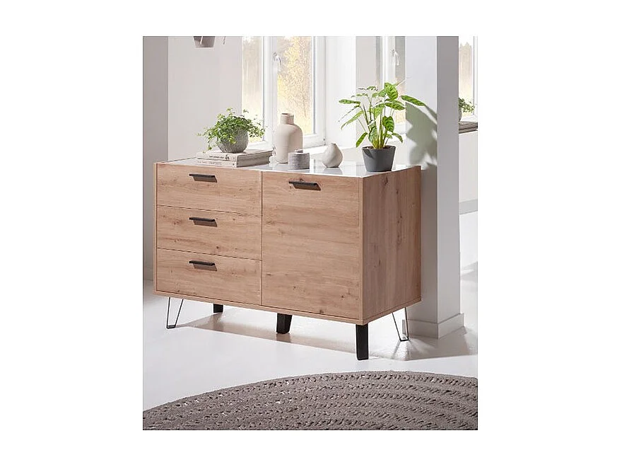 Commode 1 porte et 3 tiroirs décor chêne clair et gris laqué - MILOS