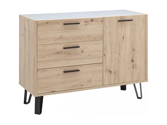 Commode 1 porte et 3 tiroirs décor chêne clair et gris laqué - MILOS