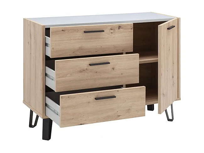 Commode 1 porte et 3 tiroirs décor chêne clair et gris laqué - MILOS