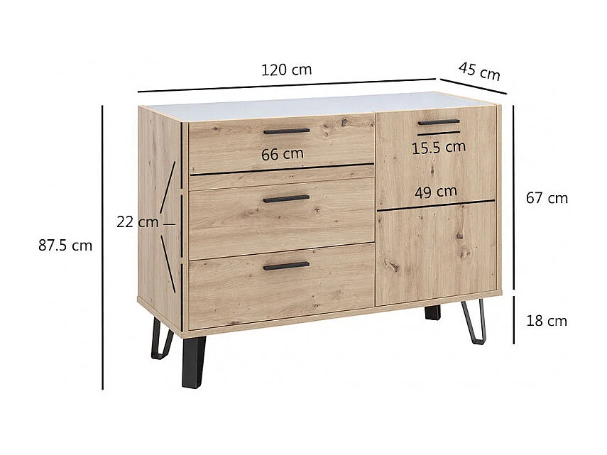 Commode 1 porte et 3 tiroirs décor chêne clair et gris laqué - MILOS