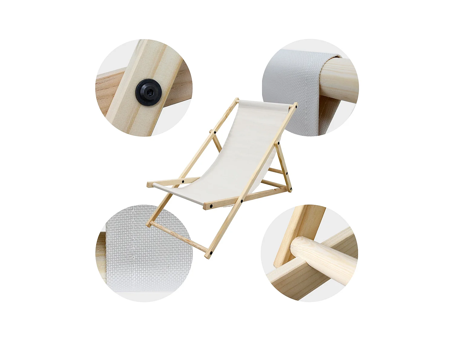 Chaise longue de jardin pliable beige en bois chilienne 3 positions de couchage  jusqu'à 120 kg usage intérieur et extérieur balcon terrasse patio