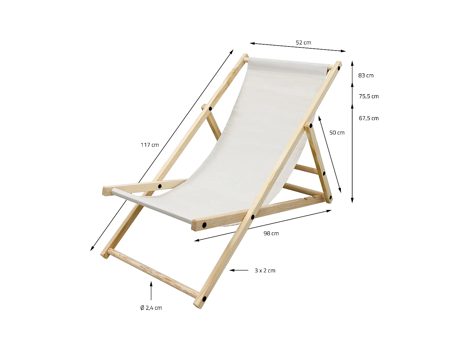 Chaise longue de jardin pliable beige en bois chilienne 3 positions de couchage  jusqu'à 120 kg usage intérieur et extérieur balcon terrasse patio