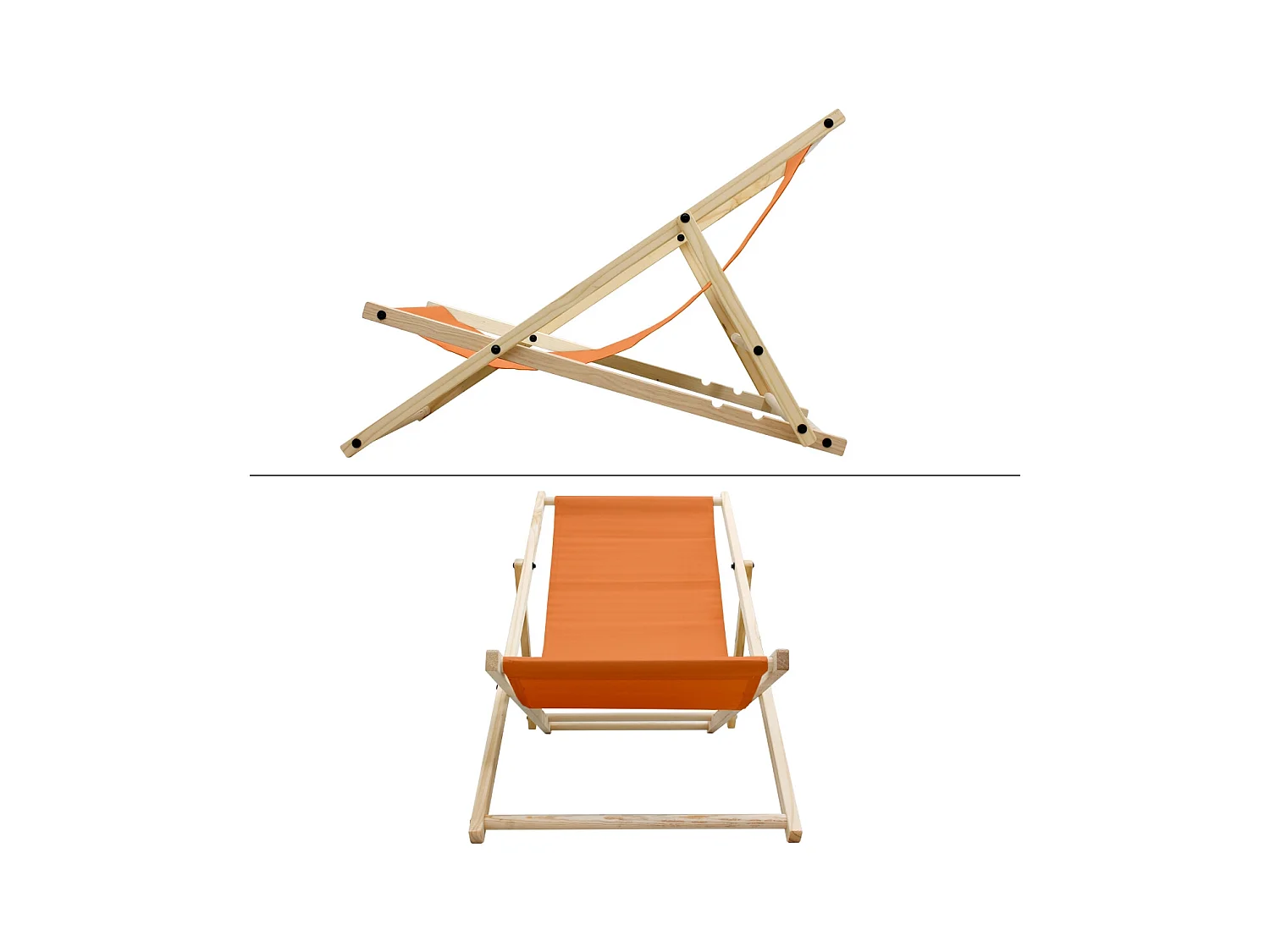 Chaise longue de jardin pliable orange en bois chilienne 3 positions de couchage jusqu'à 120 kg pour usage intérieur et extérieur balcon terrasse