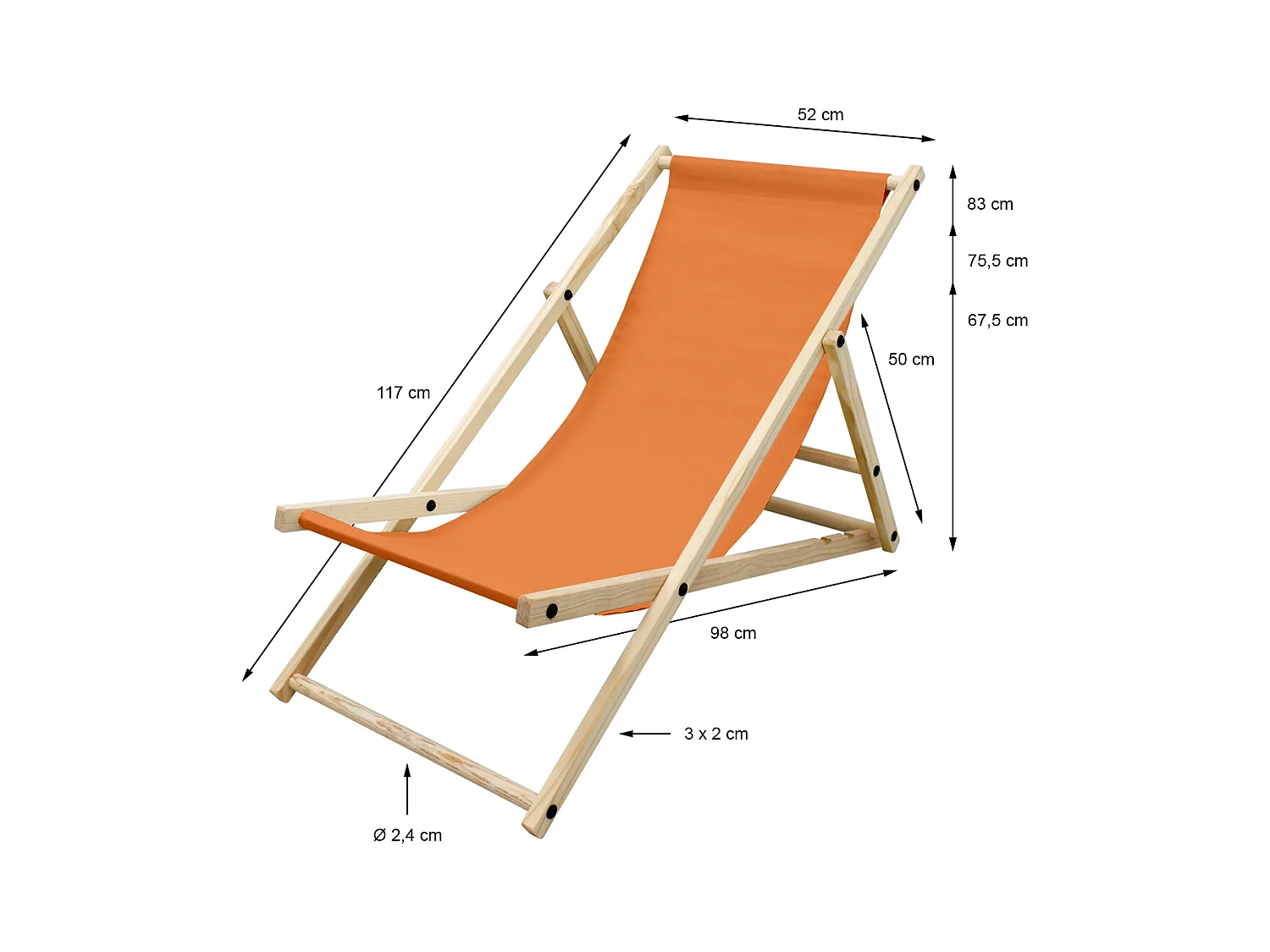 Chaise longue de jardin pliable orange en bois chilienne 3 positions de couchage jusqu'à 120 kg pour usage intérieur et extérieur balcon terrasse