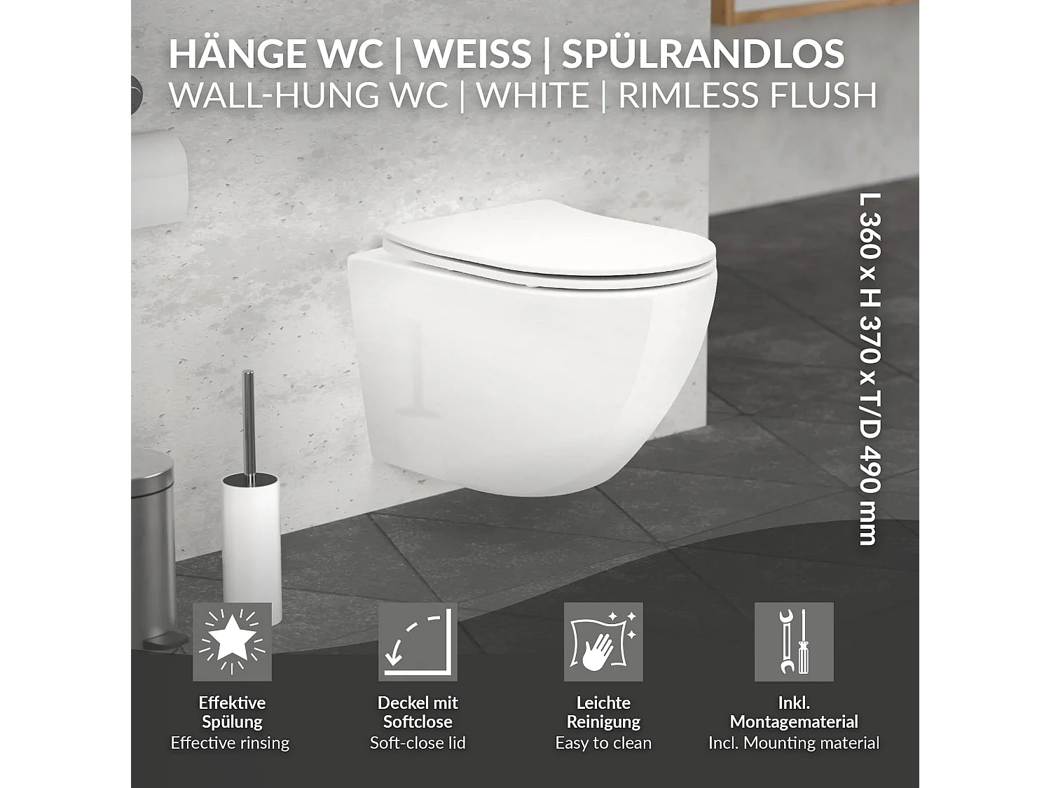 ECD Germany WC Suspendu sans Bride, Court, 49 cm, Blanc Brillant, Cuvette en Céramique avec Surface Antibactérienne, Abattant Amovible en Plastique