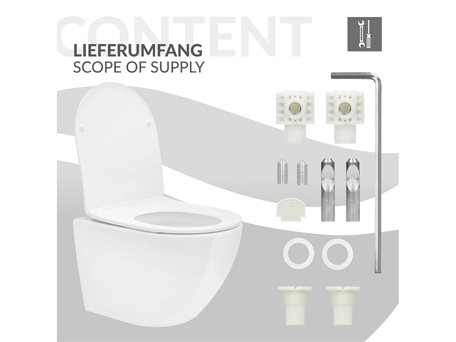 ECD Germany WC Suspendu sans Bride, Court, 49 cm, Blanc Brillant, Cuvette en Céramique avec Surface Antibactérienne, Abattant Amovible en Plastique