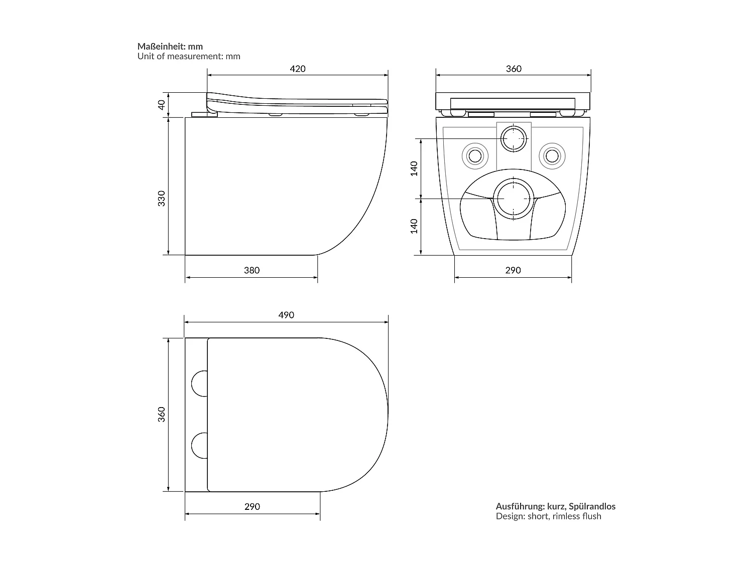 ECD Germany WC Suspendu sans Bride, Court, 49 cm, Blanc Brillant, Cuvette en Céramique avec Surface Antibactérienne, Abattant Amovible en Plastique