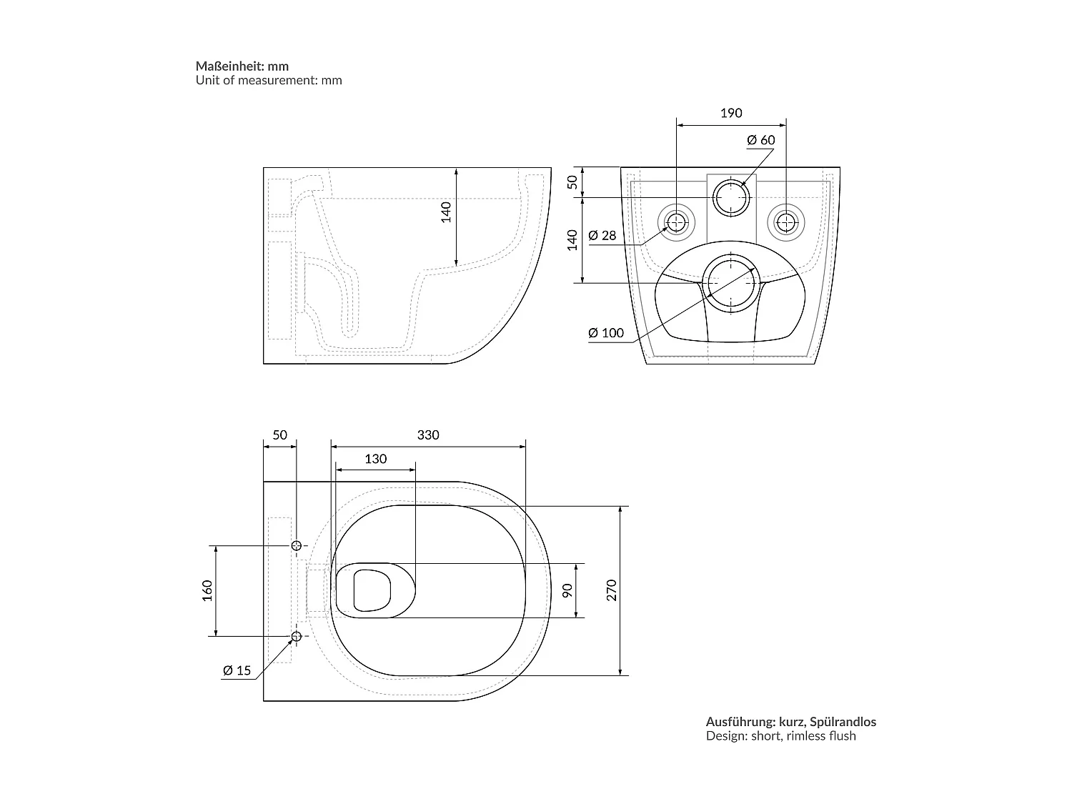 ECD Germany WC Suspendu sans Bride, Court, 49 cm, Blanc Brillant, Cuvette en Céramique avec Surface Antibactérienne, Abattant Amovible en Plastique