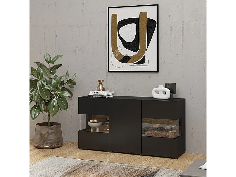 Buffet de 120cm colección EVA con 3 puertas. Color negro y roble.