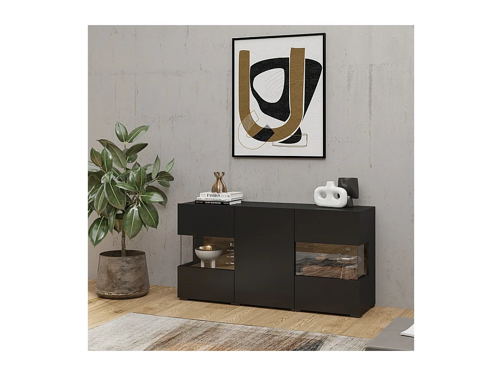 Buffet 120cm coleção EVA com 3 portas. Cor preto e carvalho.