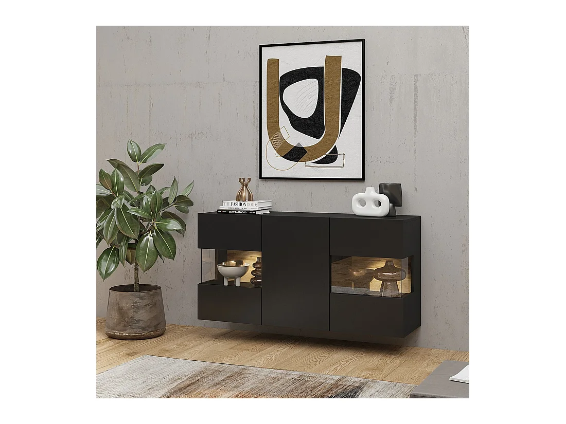 Buffet 120cm coleção EVA com 3 portas. Cor preto e carvalho.