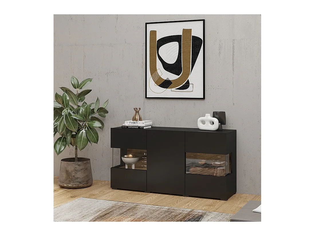 Buffet 120cm coleção EVA com 3 portas. Cor preto e carvalho.