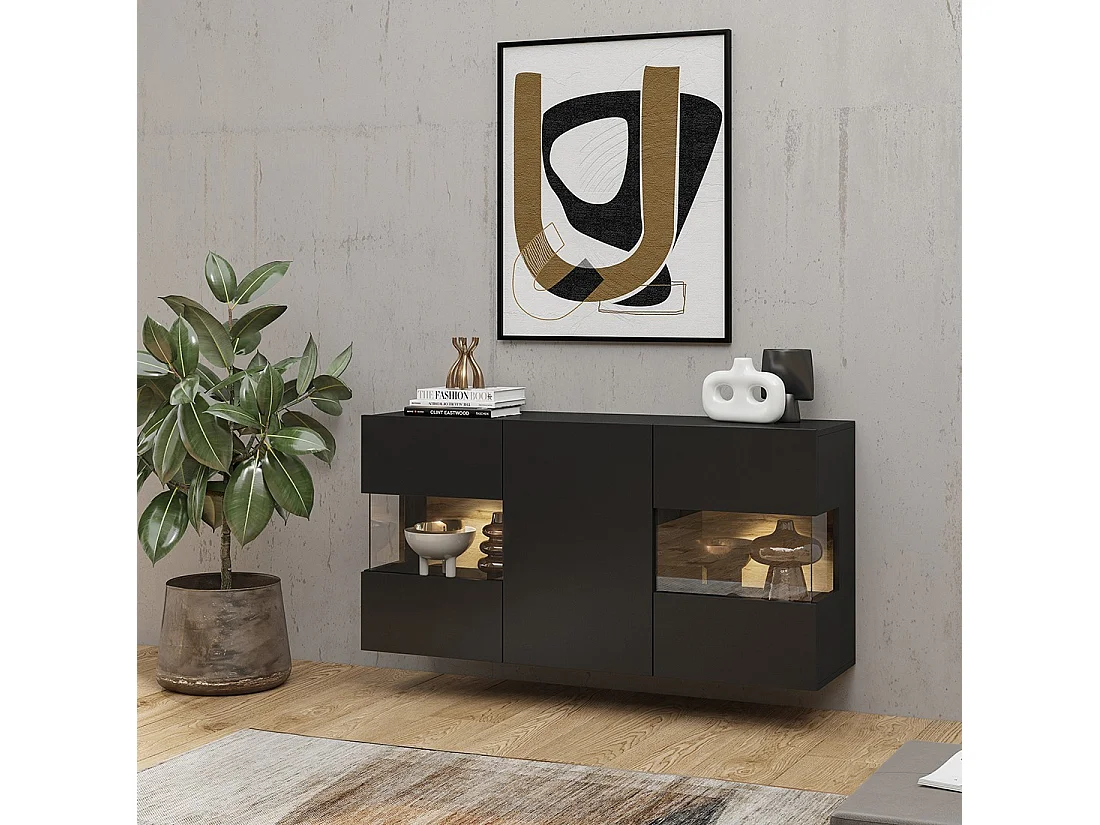 Buffet 120cm coleção EVA com 3 portas. Cor preto e carvalho.