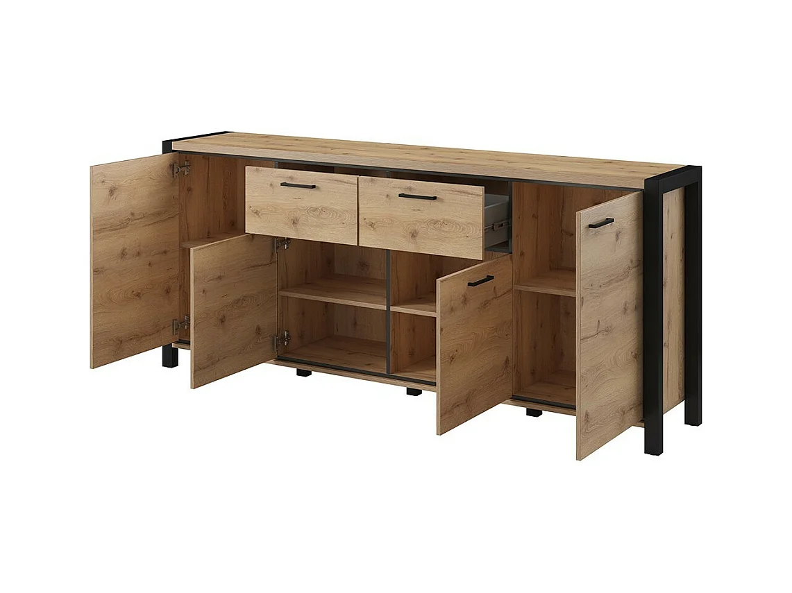 Buffet 210cm coleção BOWIE com 4 portas, 2 gavetas. Cor carvalho e preto.