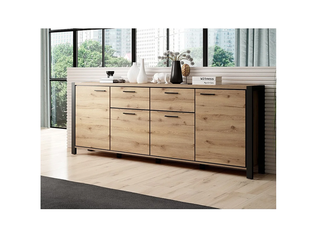 Buffet 210cm coleção BOWIE com 4 portas, 2 gavetas. Cor carvalho e preto.