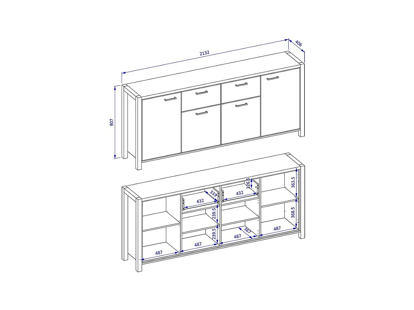 Buffet 210cm coleção BOWIE com 4 portas, 2 gavetas. Cor carvalho e preto.