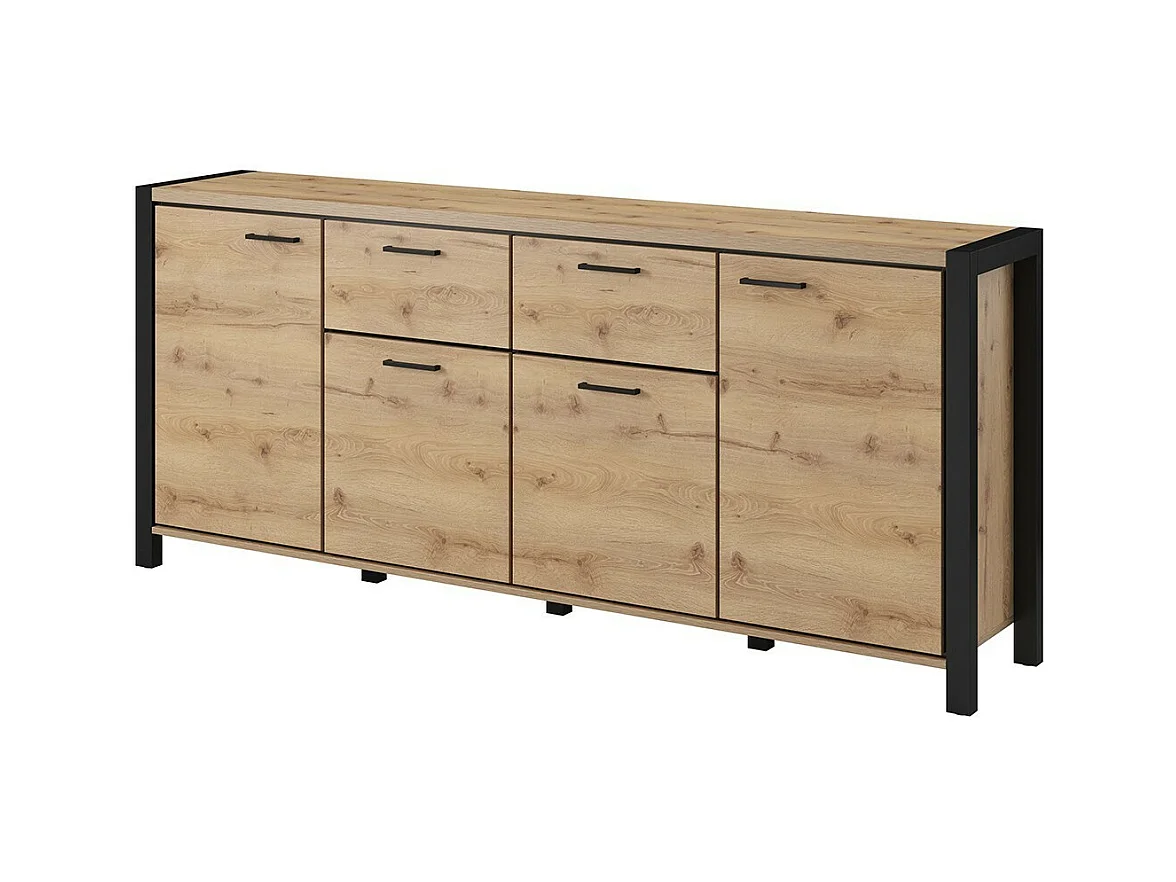 Buffet 210cm collection TIVORA 4 portes, 2 tiroirs. Couleur chêne et noir