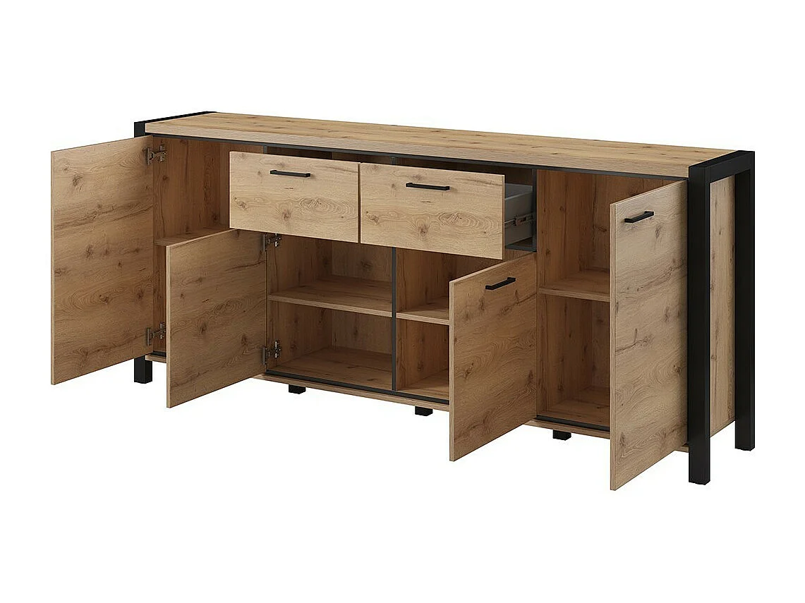 Buffet 210cm collection TIVORA 4 portes, 2 tiroirs. Couleur chêne et noir