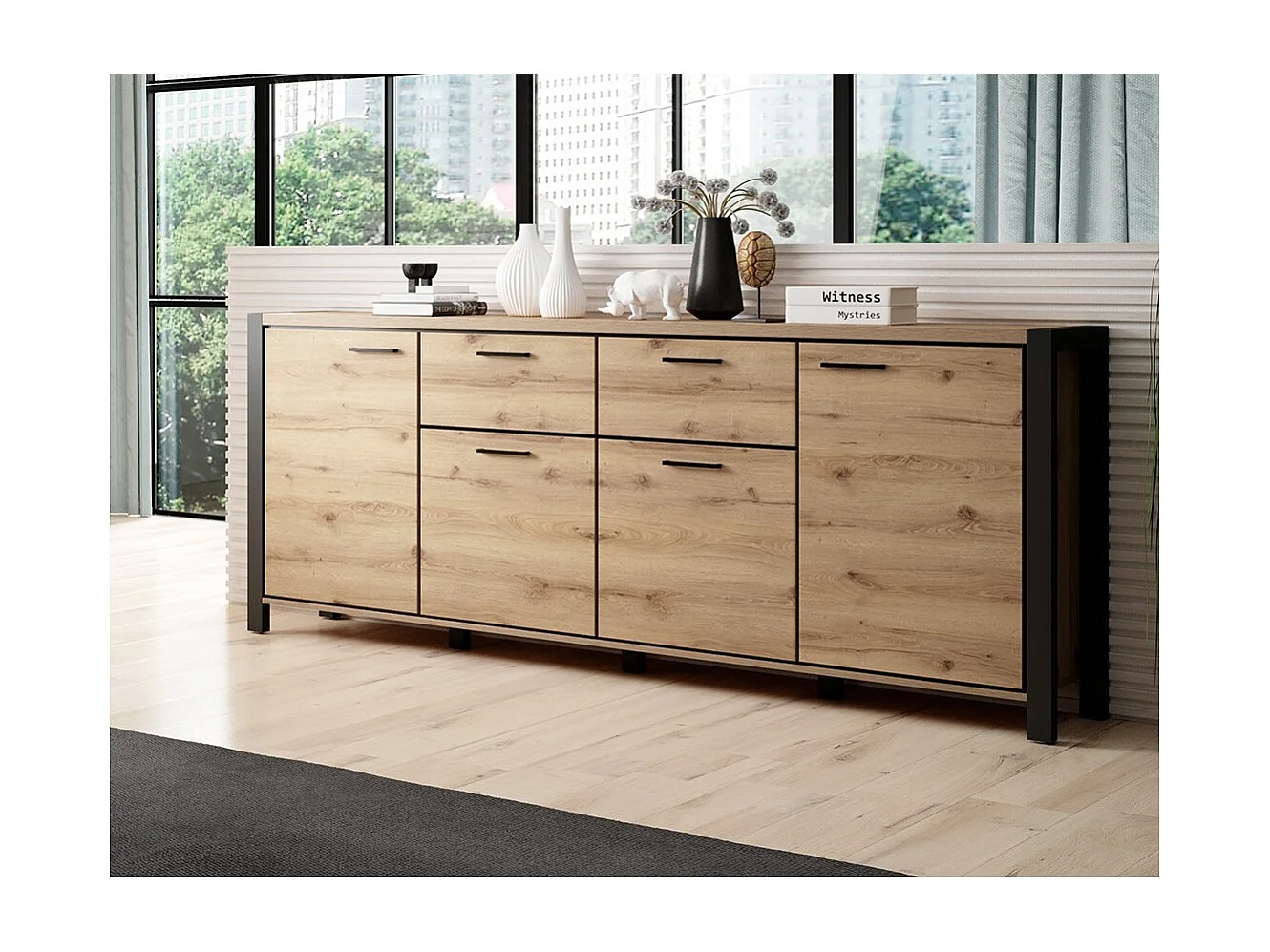 Buffet 210cm collection TIVORA 4 portes, 2 tiroirs. Couleur chêne et noir