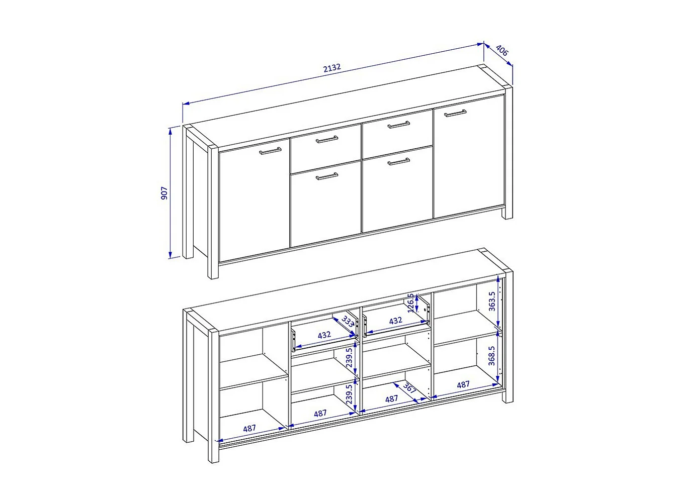 Buffet 210cm collection TIVORA 4 portes, 2 tiroirs. Couleur chêne et noir