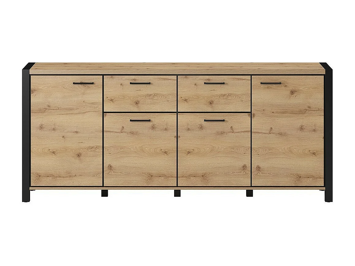 Buffet 210cm collection TIVORA 4 portes, 2 tiroirs. Couleur chêne et noir