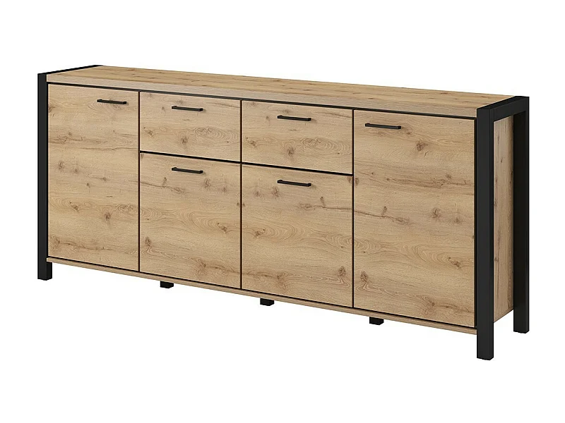 Buffet 210cm collection TIVORA 4 portes, 2 tiroirs. Couleur chêne et noir