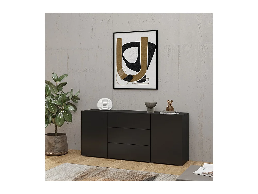 Buffet de 140cm colección EVA con 2 puertas y 3 cajones. Color negro y roble.