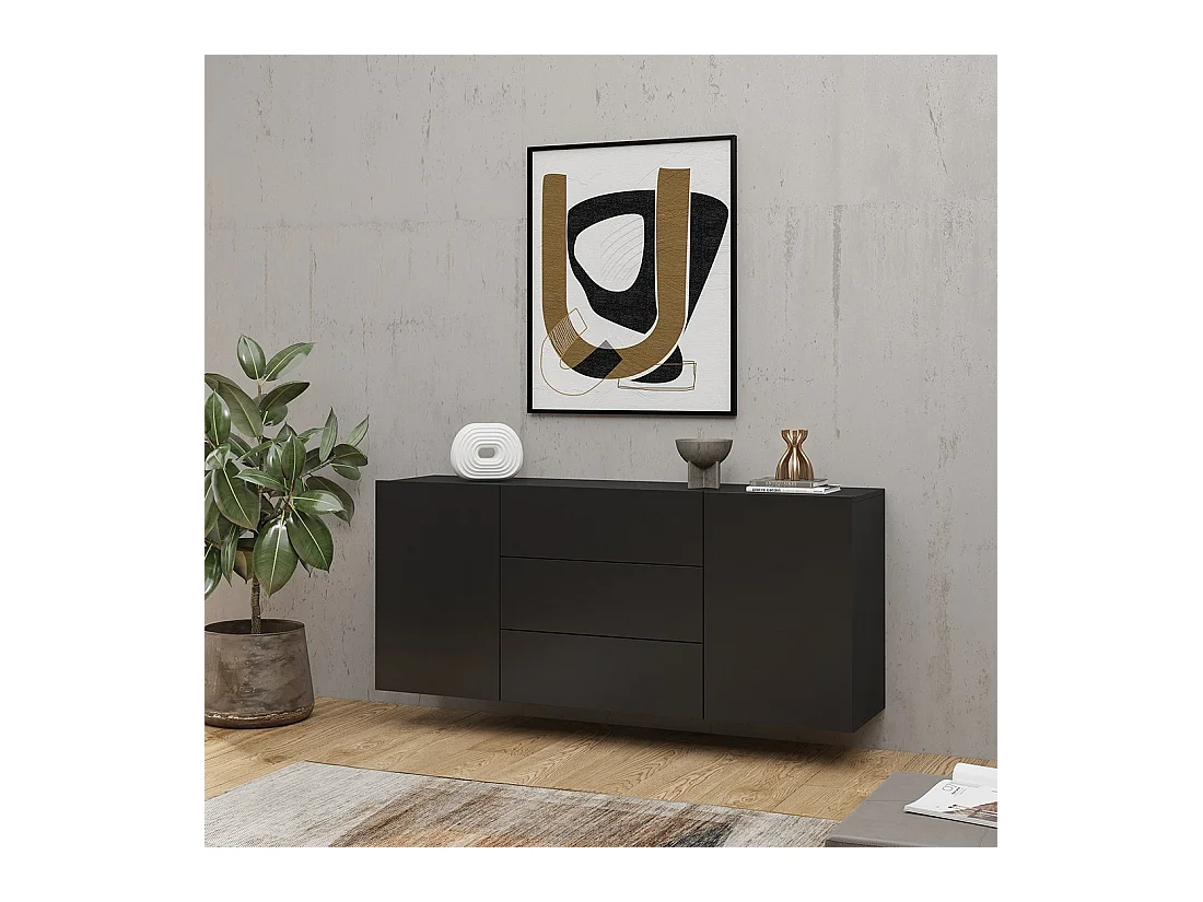 Buffet de 140cm colección EVA con 2 puertas y 3 cajones. Color negro y roble.